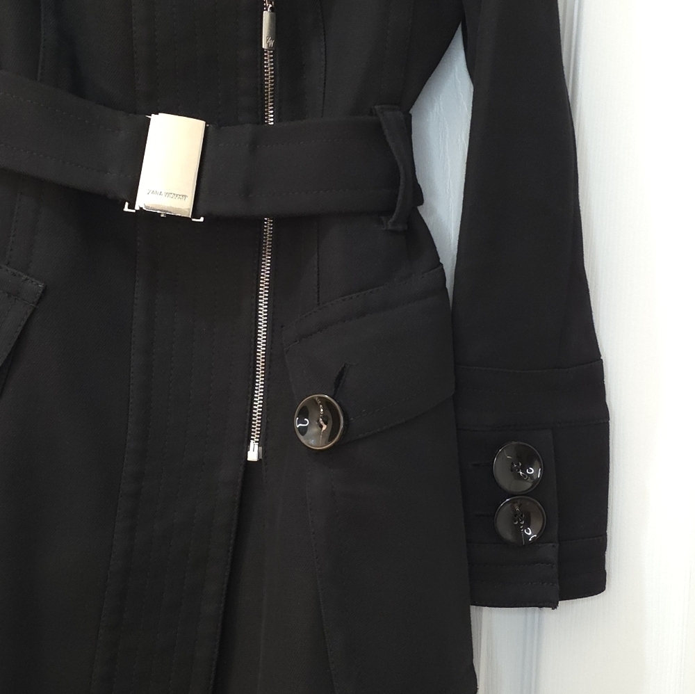 Zara Black Military Style Coat with Silver Buckle Belt Size S Cotton - Picture 7 of 13